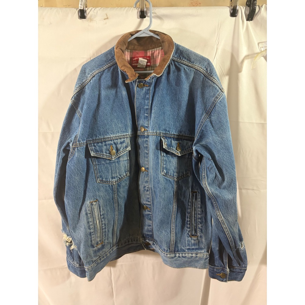 Marlboro Country Store Denim Jacket Mens XL Blue Distressed Leather Collar